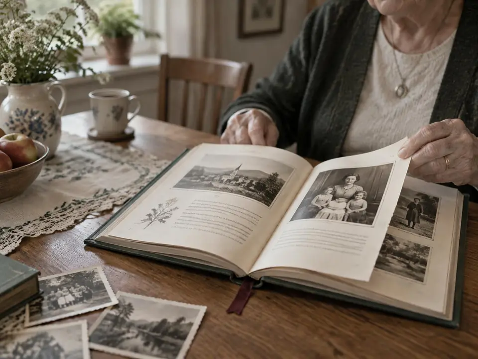 Otevřená rodinná kniha s fotografiemi a textem na stole, listuje v ní starší žena